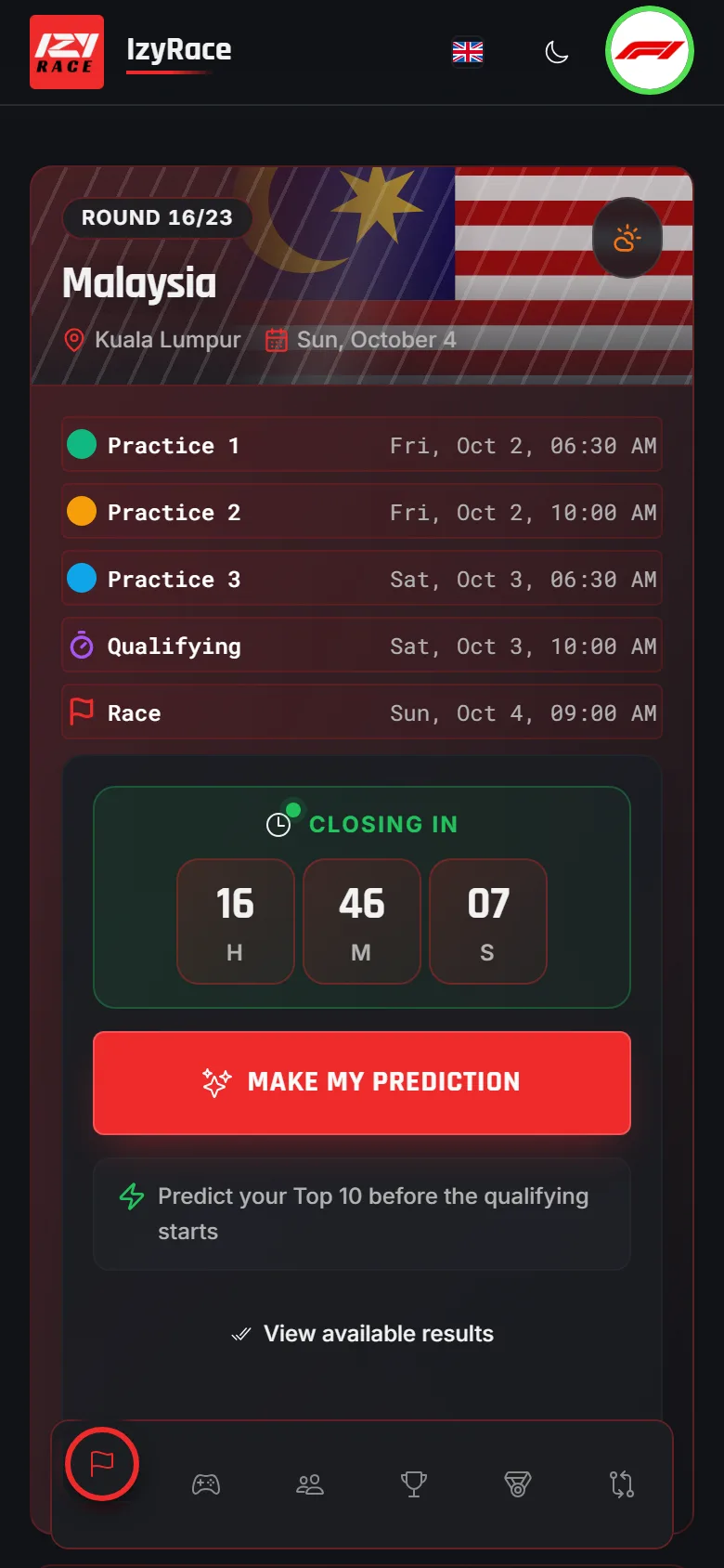 IzyRace home screen: next Grand Prix and F1 season calendar
